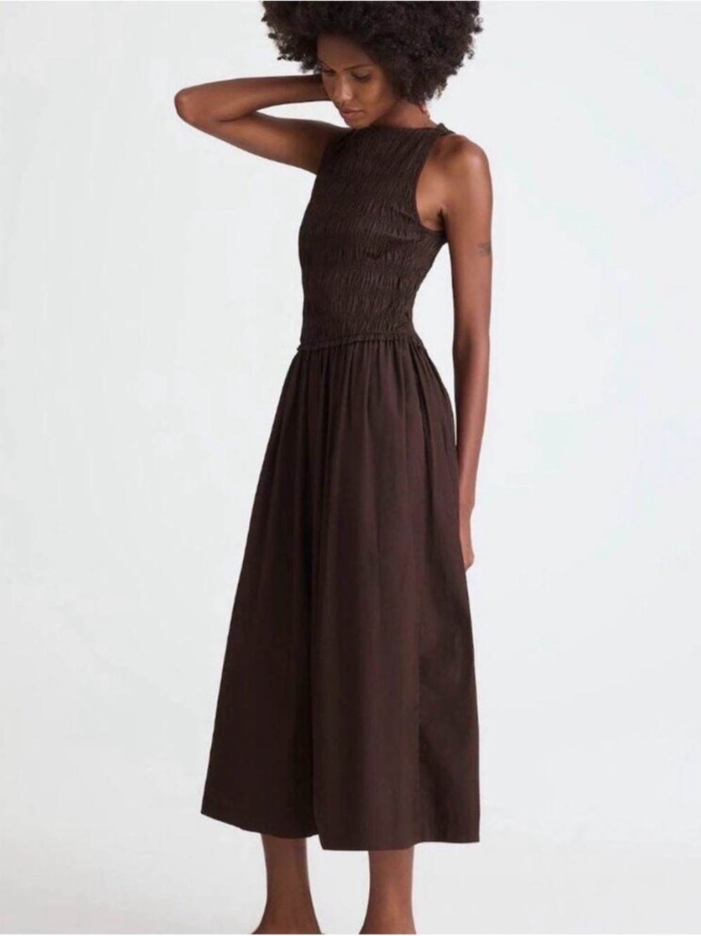 Madewell The Melody Smocked Midi Dress in Molasses Brown